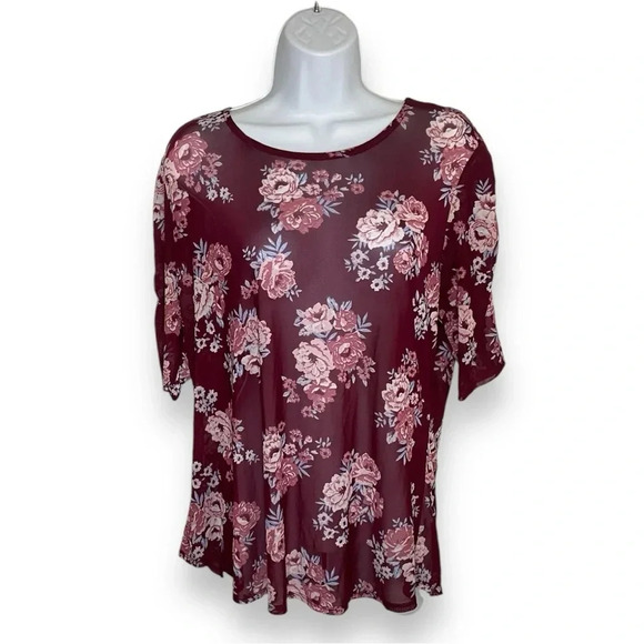 Burgundy Floral Print Mesh Blouse 3X (XXXL) Women’s Top- No Boundaries - Picture 5 of 9